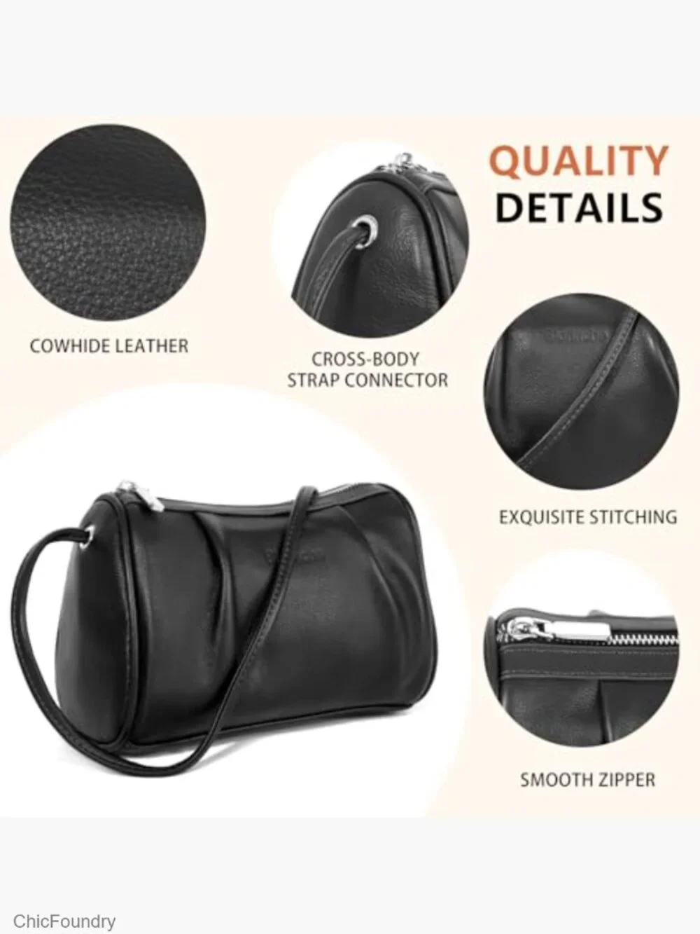 Genuine Leather Small Crossbody Barrel Hobo Purse Lightweight Bag